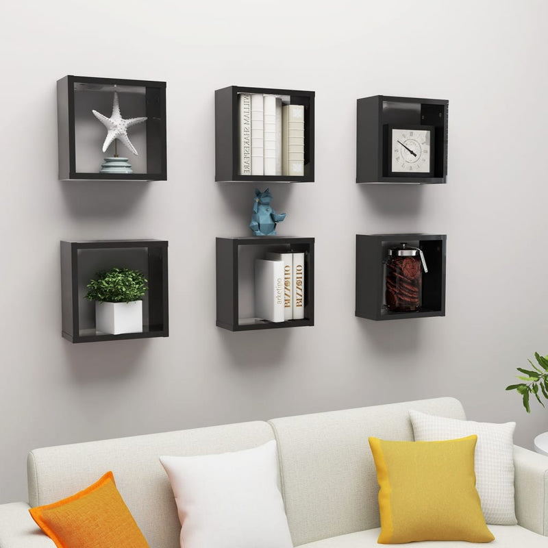 vidaXL Wall Cube Shelves 6 pcs High Gloss Black 30x15x30 cm