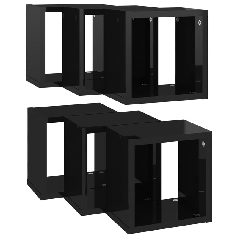 vidaXL Wall Cube Shelves 6 pcs High Gloss Black 22x15x22 cm