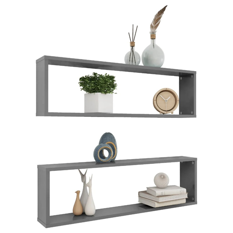 vidaXL Wall Cube Shelves 2 pcs High Gloss Grey 100x15x30 cm Engineered Wood