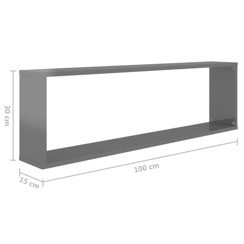 vidaXL Wall Cube Shelves 2 pcs High Gloss Grey 100x15x30 cm Engineered Wood