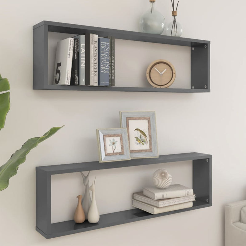 vidaXL Wall Cube Shelves 2 pcs High Gloss Grey 100x15x30 cm Engineered Wood