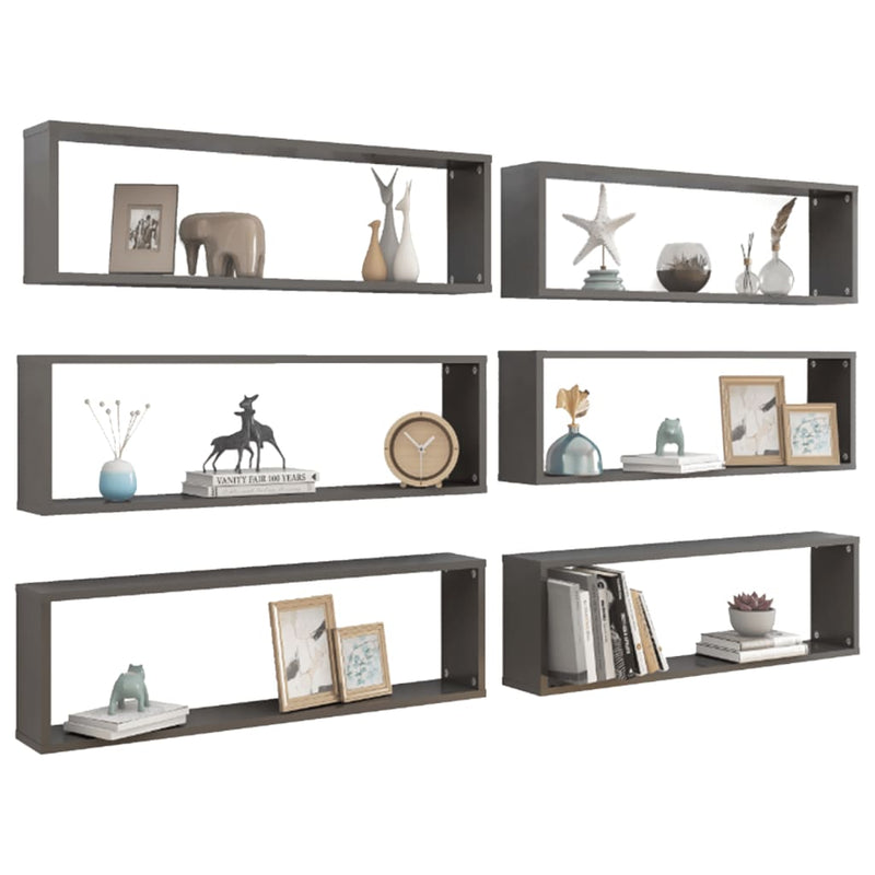 vidaXL Wall Cube Shelves 6 pcs High Gloss Grey 100x15x30 cm Engineered Wood