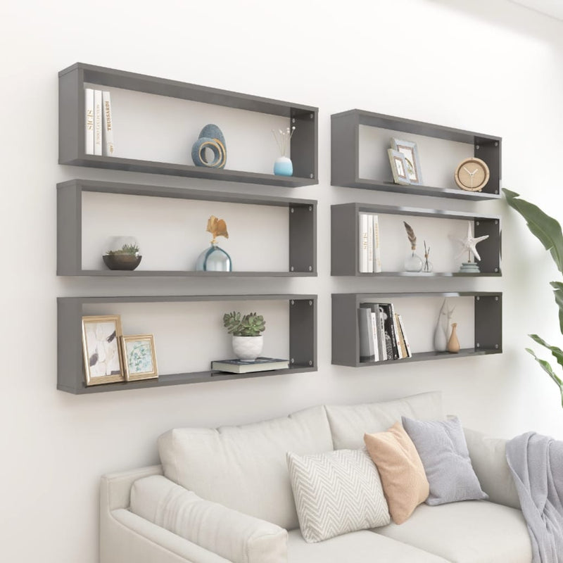 vidaXL Wall Cube Shelves 6 pcs High Gloss Grey 100x15x30 cm Engineered Wood