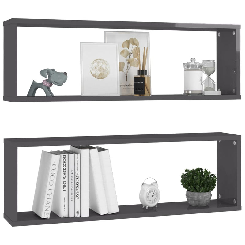 vidaXL Wall Cube Shelves 2 pcs High Gloss Grey 80x15x26.5 cm Engineered Wood