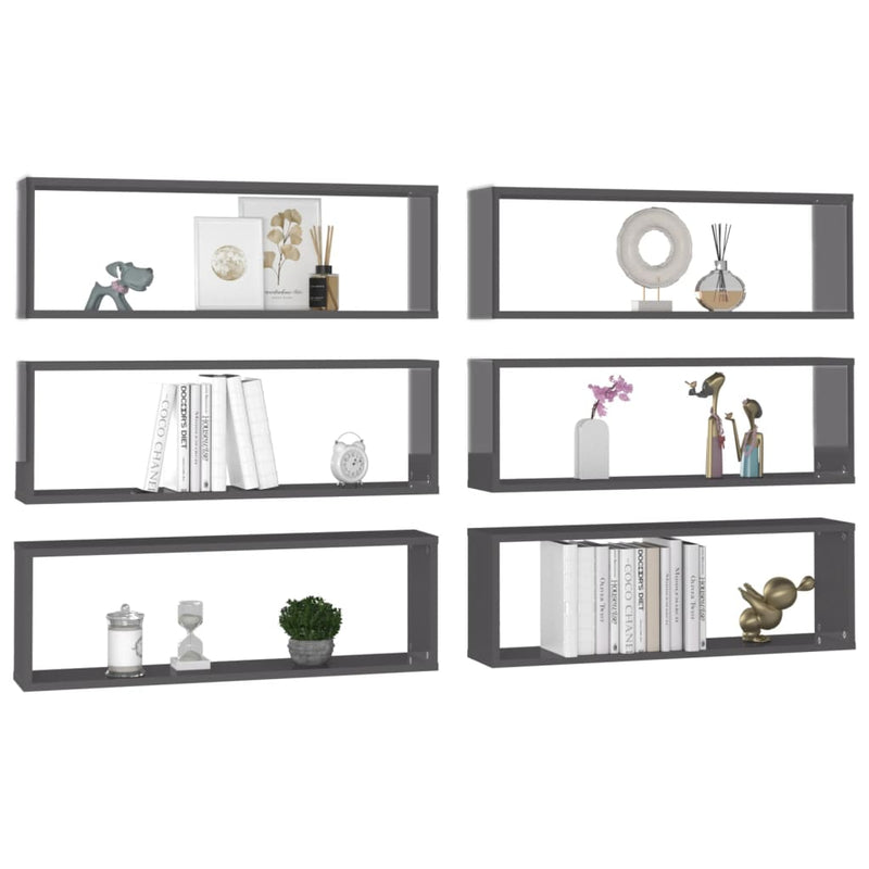 vidaXL Wall Cube Shelves 6 pcs High Gloss Grey 80x15x26.5 cm Engineered Wood