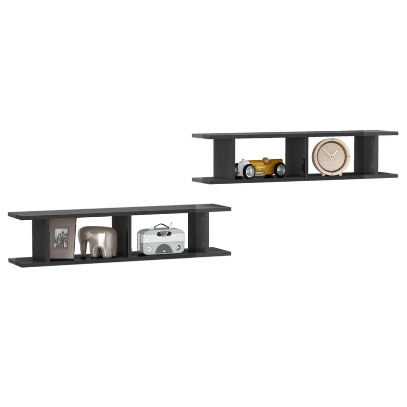 vidaXL Wall Shelves 2 pcs High Gloss Grey 90x18x20 cm Engineered Wood