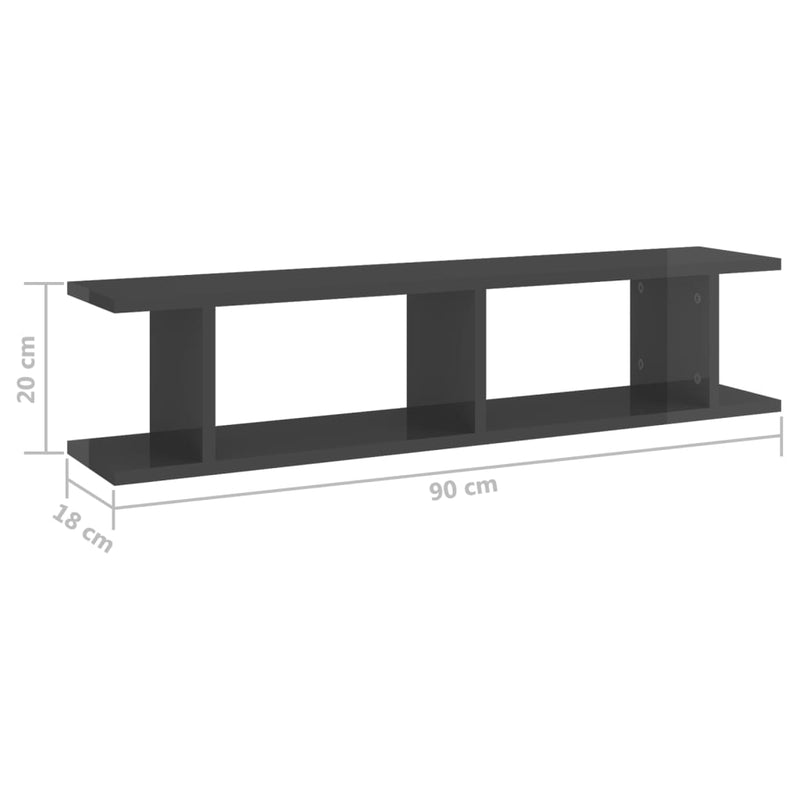 vidaXL Wall Shelves 2 pcs High Gloss Grey 90x18x20 cm Engineered Wood