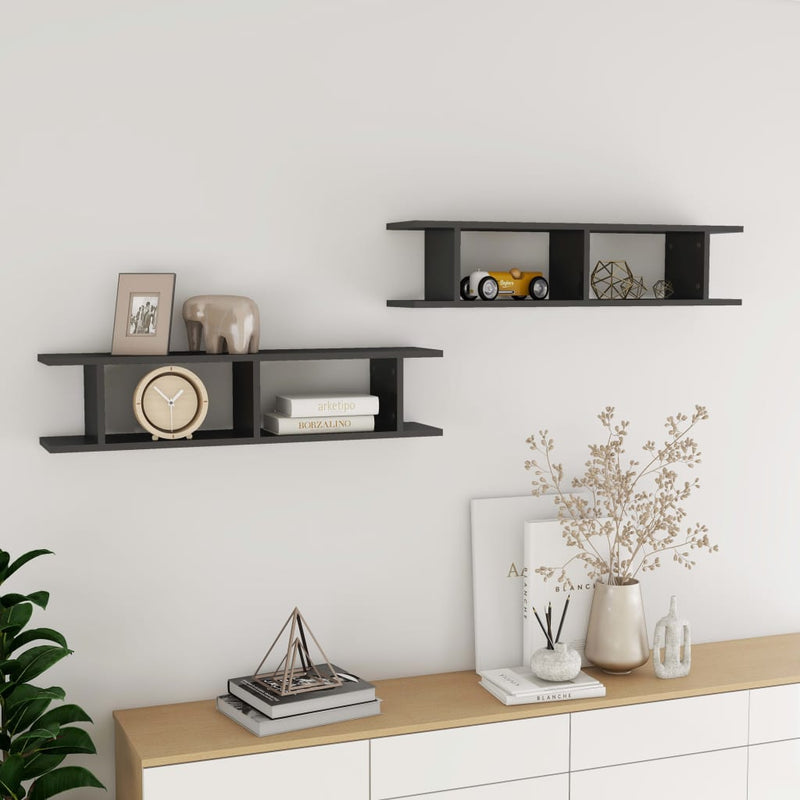 vidaXL Wall Shelves 2 pcs High Gloss Grey 90x18x20 cm Engineered Wood