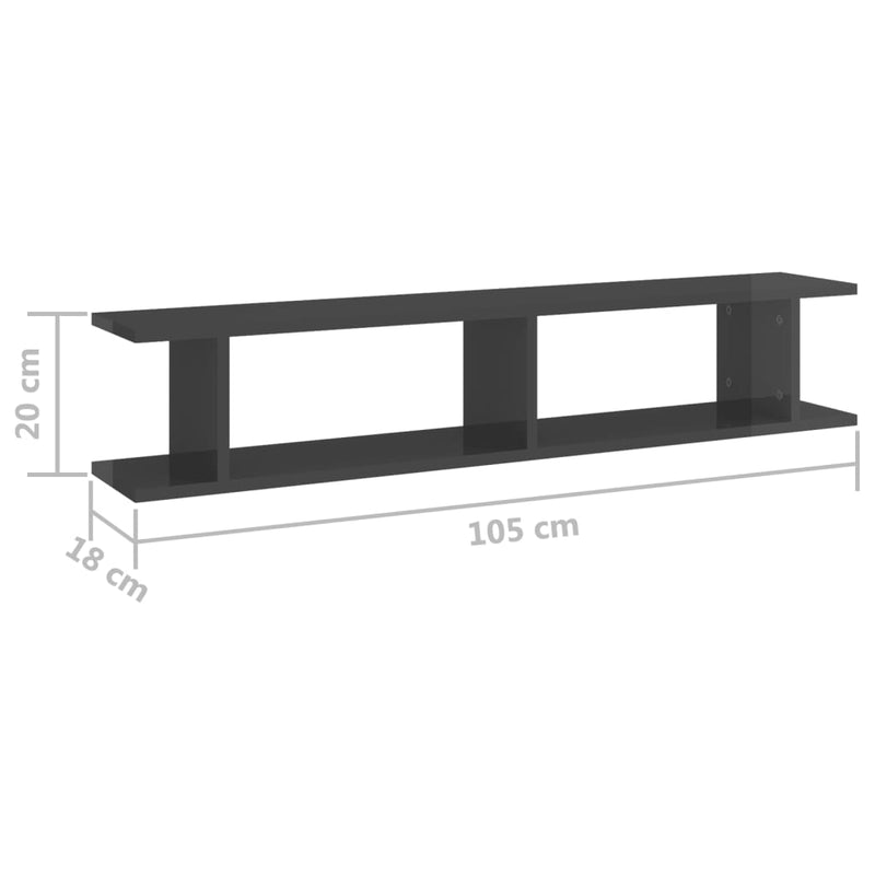 vidaXL Wall Shelves 2 pcs High Gloss Grey 105x18x20cm Engineered Wood