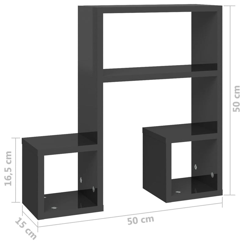 vidaXL Wall Shelves 2 pcs High Gloss Grey 50x15x50 cm Engineered Wood