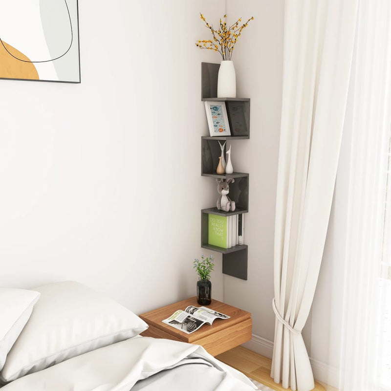 vidaXL Wall Corner Shelf High Gloss Grey 20x20x127.5 cm Engineered Wood