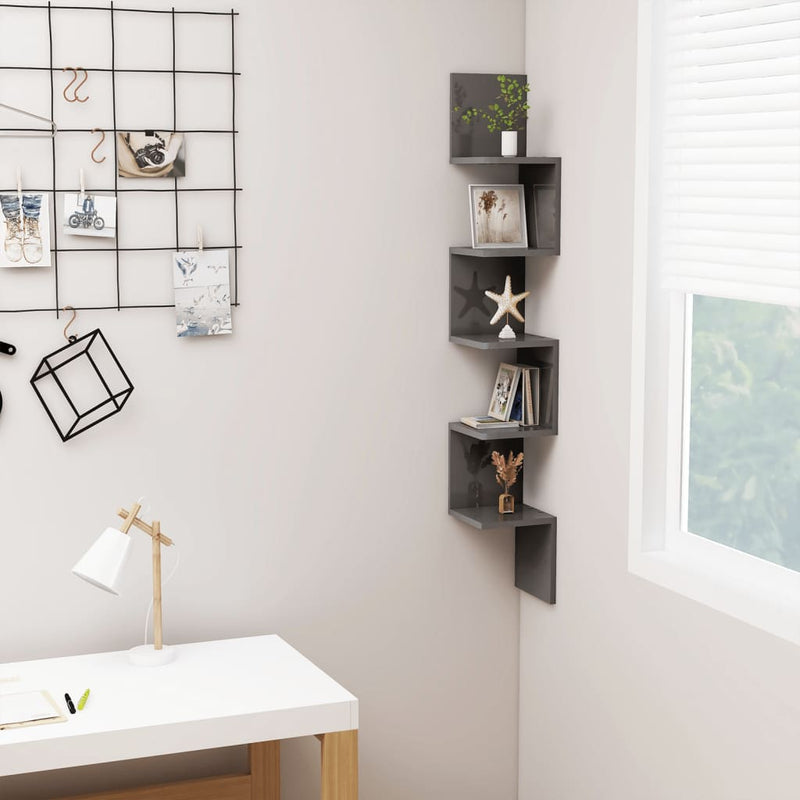 vidaXL Wall Corner Shelf High Gloss Grey 20x20x127.5 cm Engineered Wood