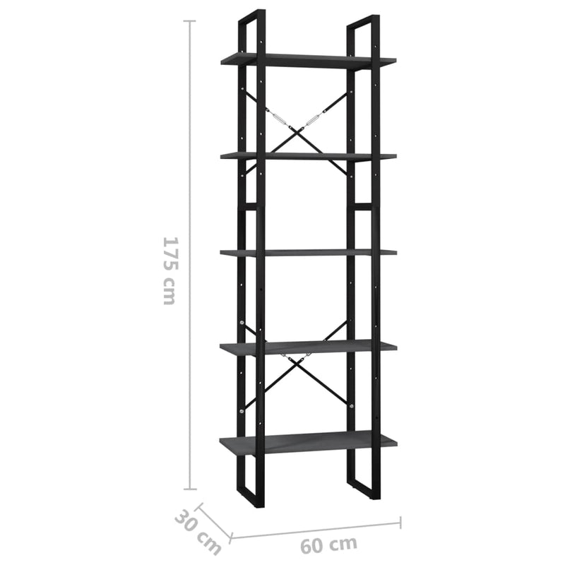 vidaXL 5-Tier Book Cabinet Grey 60x30x175 cm Pinewood