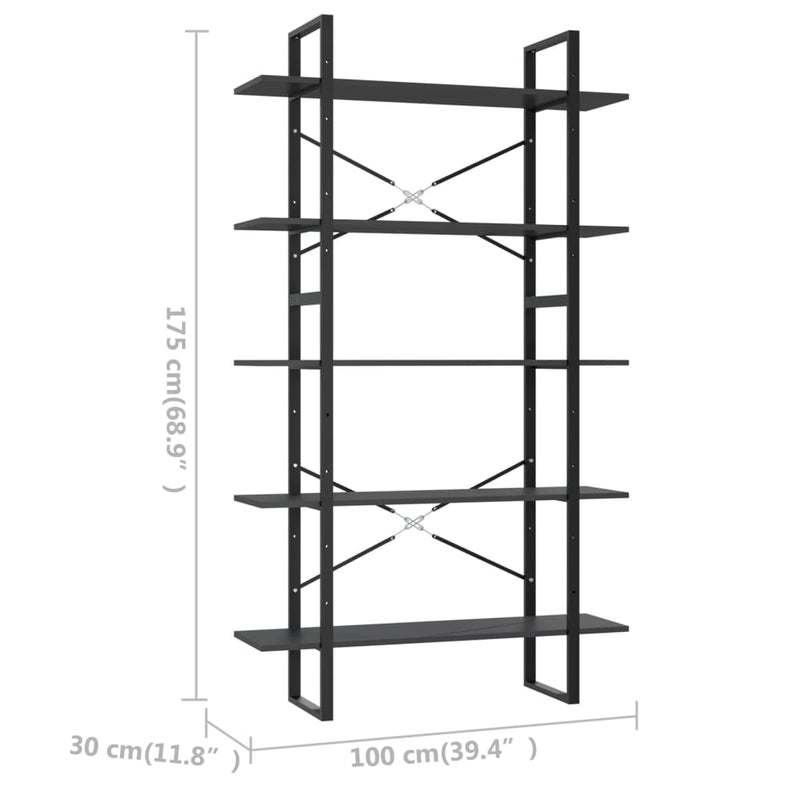 vidaXL 5-Tier Book Cabinet Grey 100x30x175 cm Engineered Wood