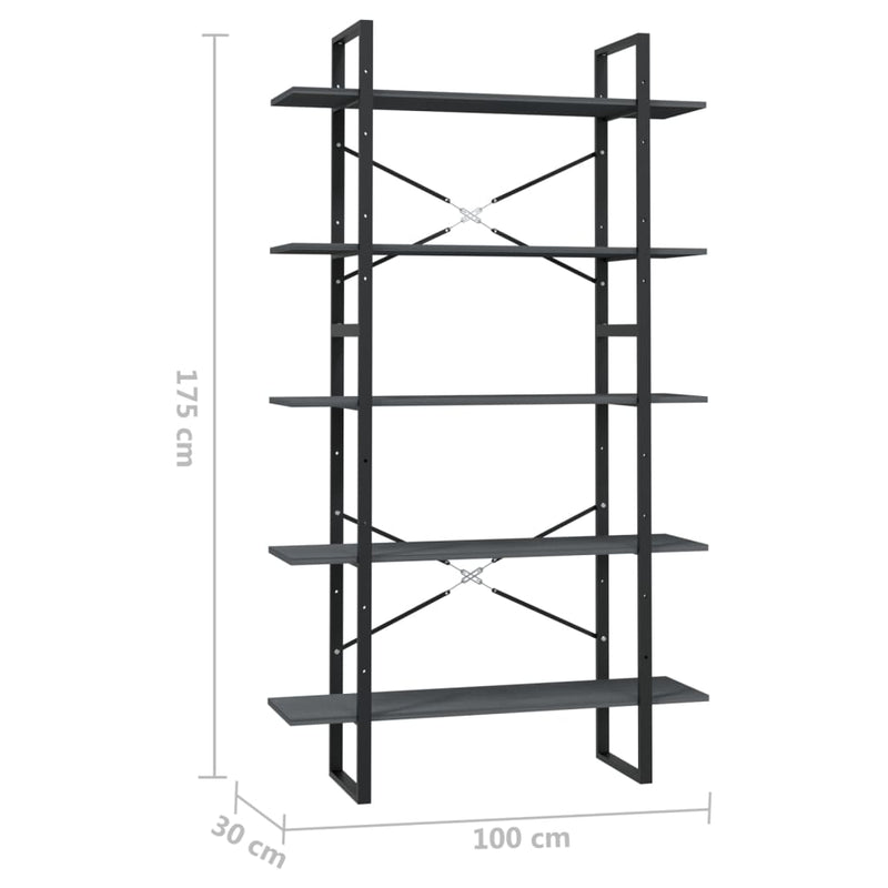 vidaXL 5-Tier Book Cabinet Grey 100x30x175 cm Pinewood