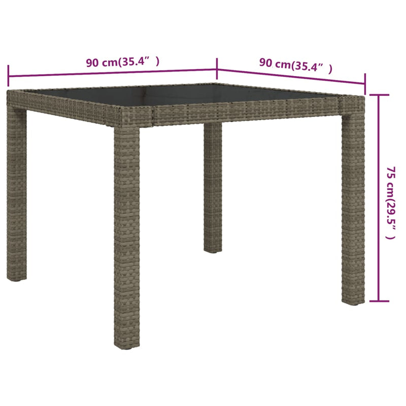 vidaXL Garden Table 90x90x75 cm Tempered Glass and Poly Rattan Grey