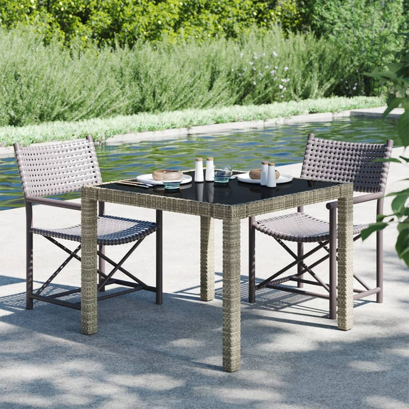 vidaXL Garden Table 90x90x75 cm Tempered Glass and Poly Rattan Grey