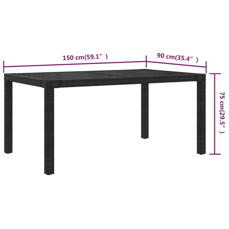 vidaXL Garden Table 150x90x75 cm Tempered Glass and Poly Rattan Black