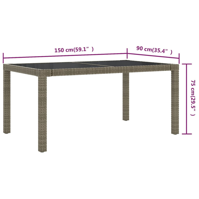 vidaXL Garden Table 150x90x75 cm Tempered Glass and Poly Rattan Grey
