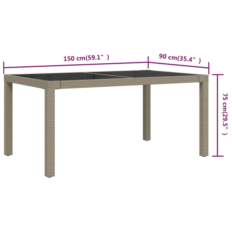 vidaXL Garden Table 150x90x75 cm Tempered Glass and Poly Rattan Beige