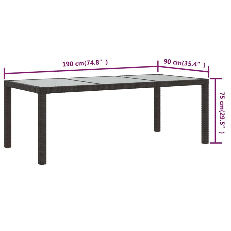 vidaXL Garden Table Brown 190x90x75 cm Tempered Glass and Poly Rattan