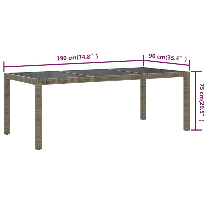 vidaXL Garden Table Grey 190x90x75 cm Tempered Glass and Poly Rattan