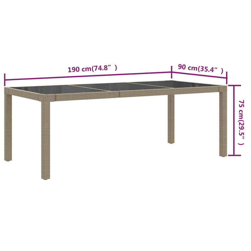 vidaXL Garden Table Beige 190x90x75 cm Tempered Glass and Poly Rattan