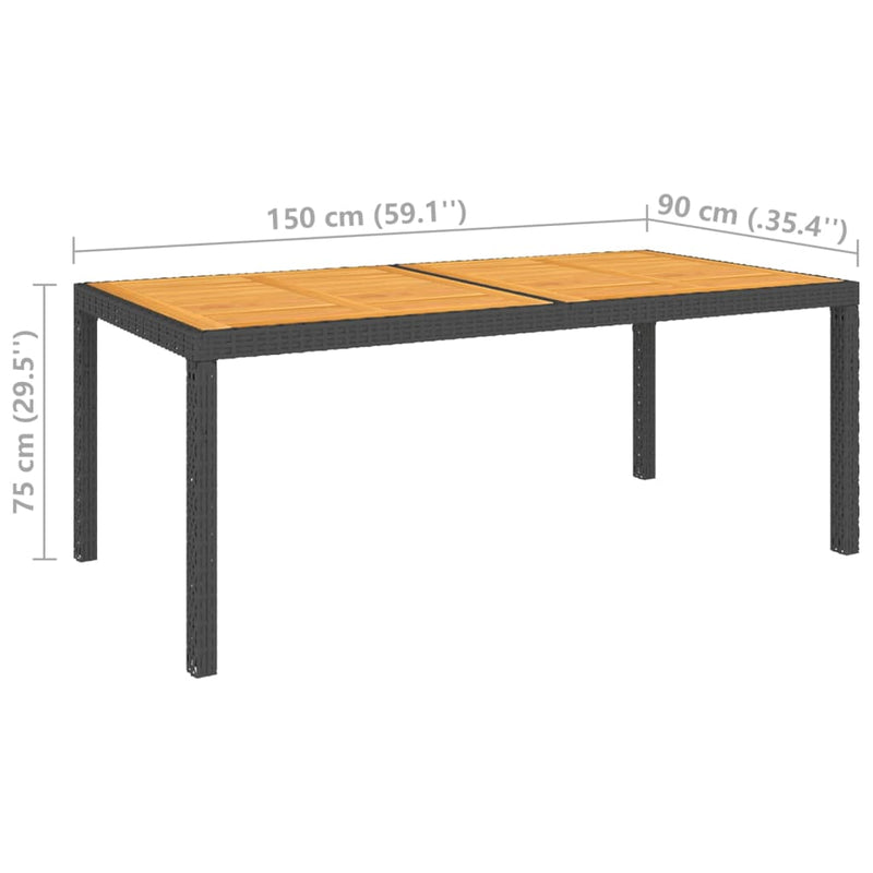 vidaXL Garden Table 150x90x75 cm Poly Rattan and Acacia Wood Black