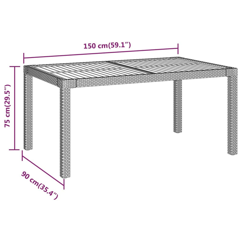 vidaXL Garden Table 150x90x75 cm Poly Rattan and Acacia Wood Grey