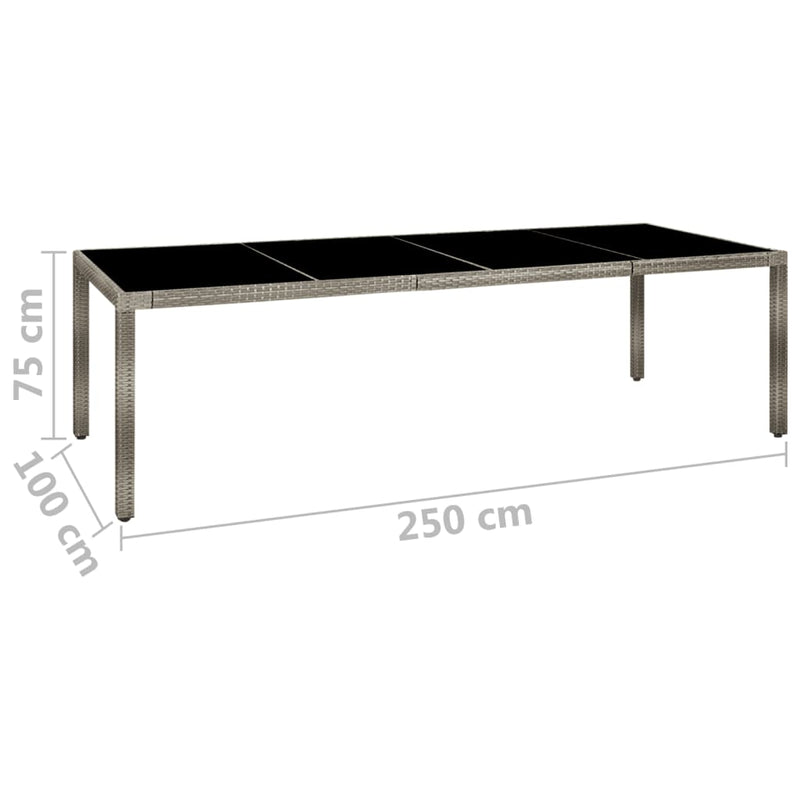 vidaXL Garden Table Grey 250x100x75 cm Tempered Glass and Poly Rattan