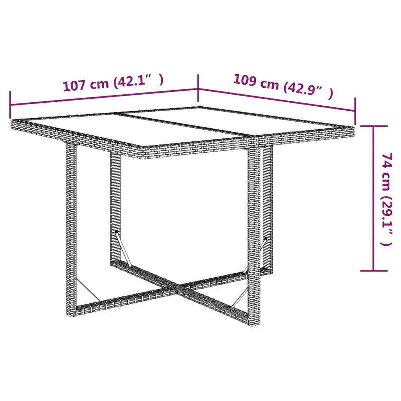 vidaXL Garden Table Brown 109x107x74 cm Poly Rattan and Glass