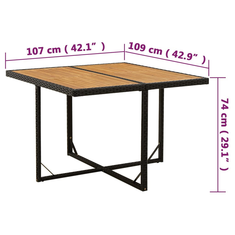 vidaXL Garden Table Black 109x107x74 cm Poly Rattan&Solid Wood Acacia