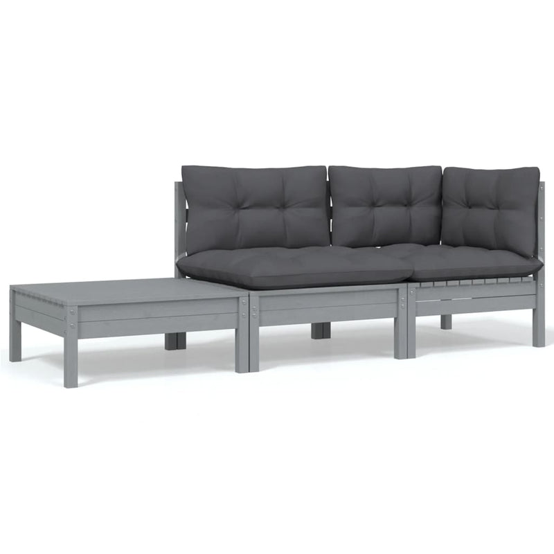 vidaXL 3 Piece Garden Lounge Set with Cushions Grey Solid Pinewood