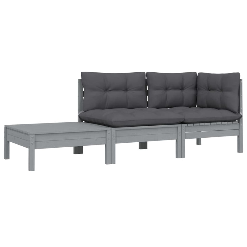 vidaXL 3 Piece Garden Lounge Set with Cushions Grey Solid Pinewood