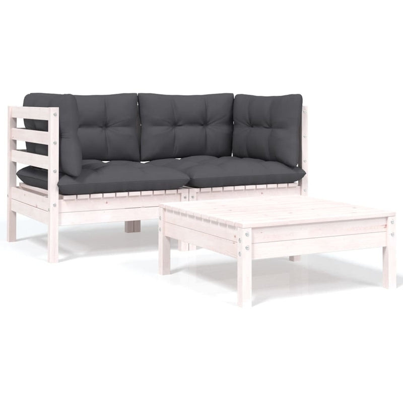 vidaXL 3 Piece Garden Lounge Set with Cushions White Solid Pinewood