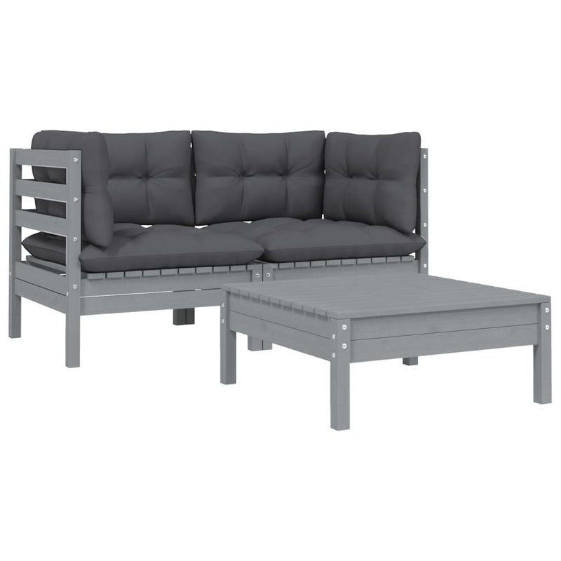 vidaXL 3 Piece Garden Lounge Set with Cushions Grey Solid Pinewood
