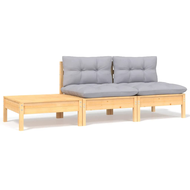 vidaXL 3 Piece Garden Lounge Set with Grey Cushions Solid Pinewood
