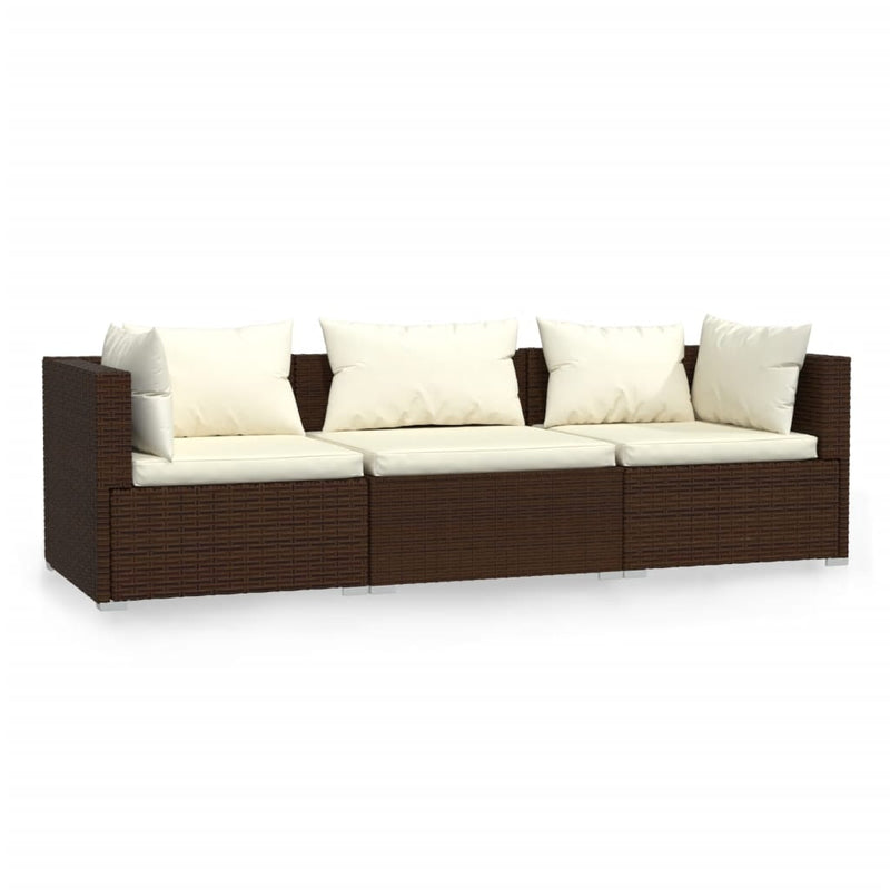 vidaXL 3-Seater Sofa with Cushions Brown Poly Rattan