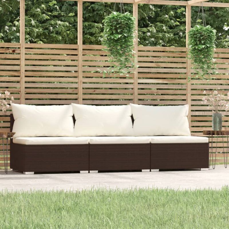 vidaXL 3-Seater Sofa with Cushions Brown Poly Rattan