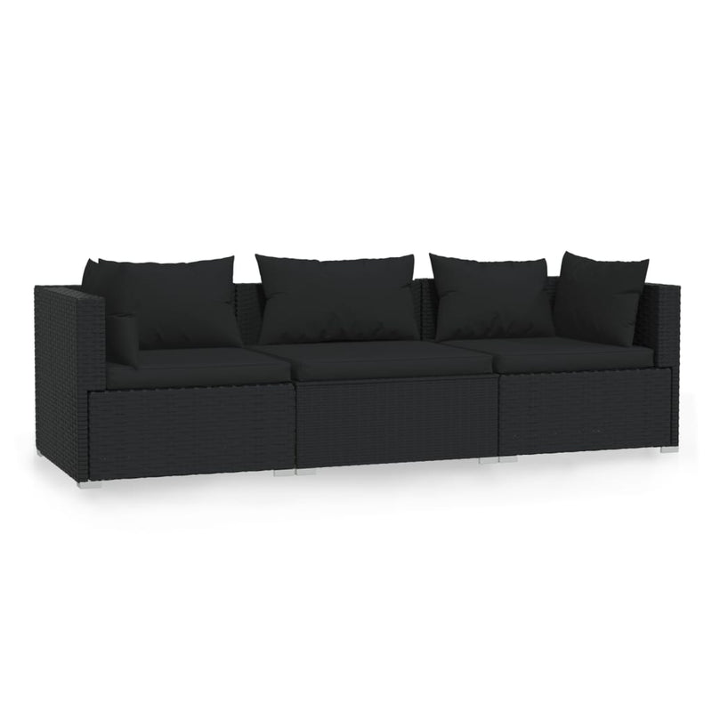 vidaXL 3-Seater Sofa with Cushions Black Poly Rattan