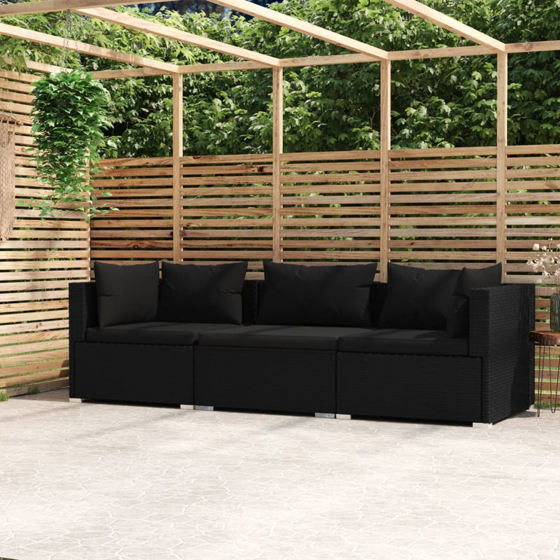 vidaXL 3-Seater Sofa with Cushions Black Poly Rattan