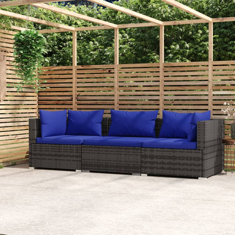 vidaXL 3-Seater Sofa with Cushions Grey Poly Rattan