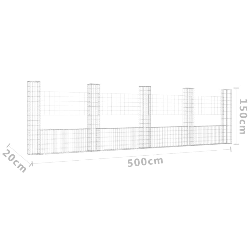 vidaXL U-shape Gabion Basket with 5 Posts Iron 500x20x150 cm