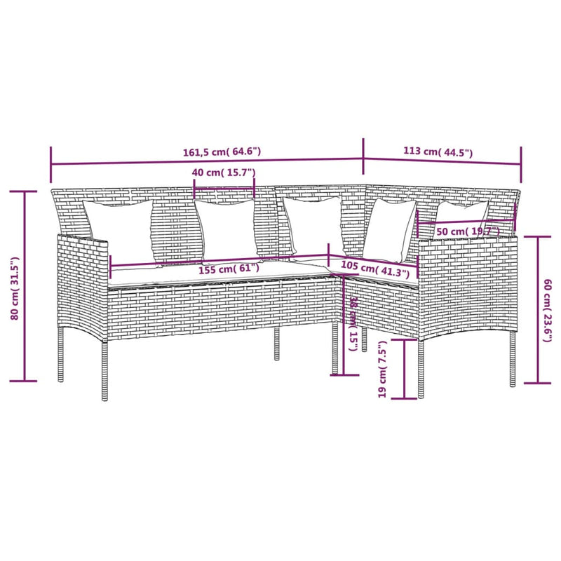 vidaXL 5 Piece L-shaped Couch Sofa Set with Cushions Poly Rattan Grey