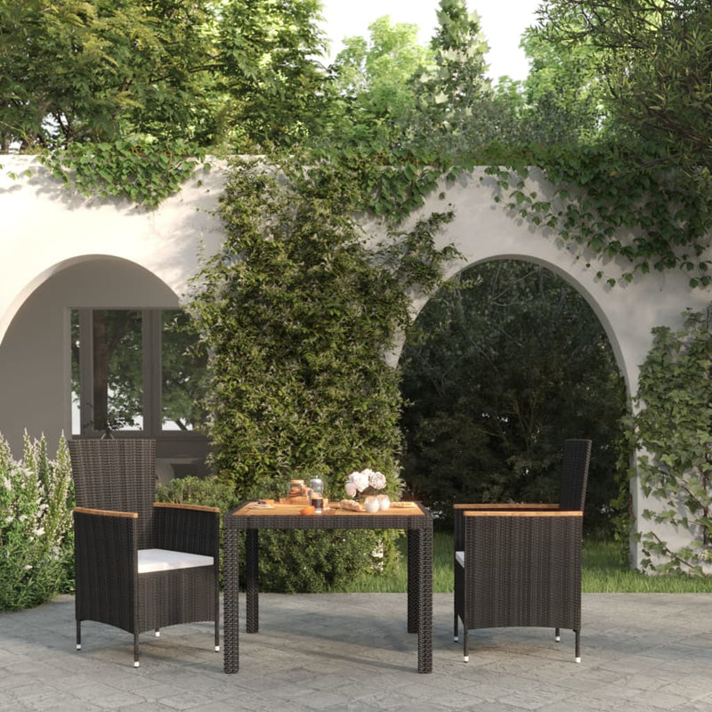 vidaXL 3 Piece Outdoor Dining Set with Cushions Poly Rattan Black