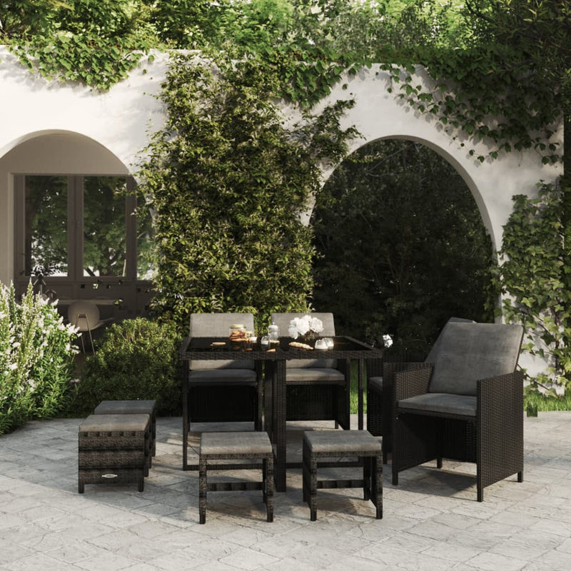 vidaXL 9 Piece Garden Dining Set with Cushions Poly Rattan Black
