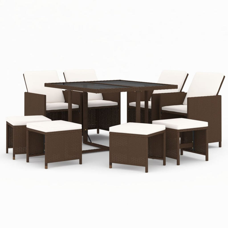 vidaXL 9 Piece Garden Dining Set with Cushions Poly Rattan Brown