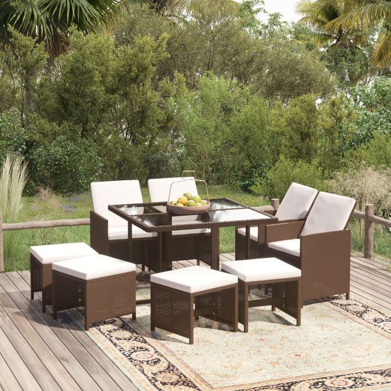 vidaXL 9 Piece Garden Dining Set with Cushions Poly Rattan Brown