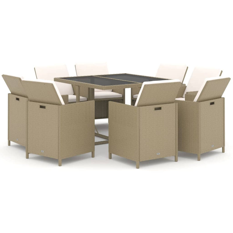 vidaXL 9 Piece Garden Dining Set with Cushions Poly Rattan Beige