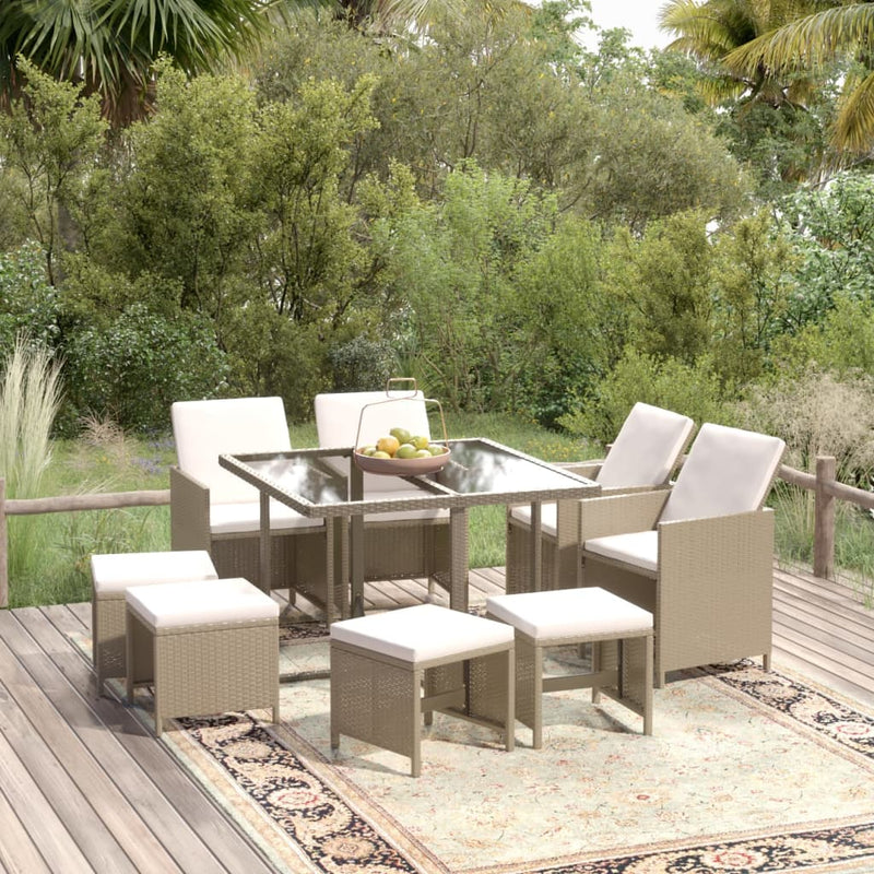 vidaXL 9 Piece Garden Dining Set with Cushions Poly Rattan Beige